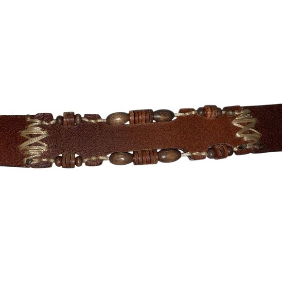 Real Leather Cowboy Belt Wooden Beads Whipstitch Southwestern Western Farmhouse main image 4